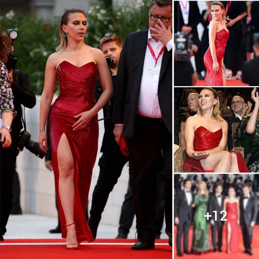 Scarlett Johansson captivates onlookers with her enchanting and glamorous presence in a breathtaking crimson dress during the unveiling of “Love Chronicles”